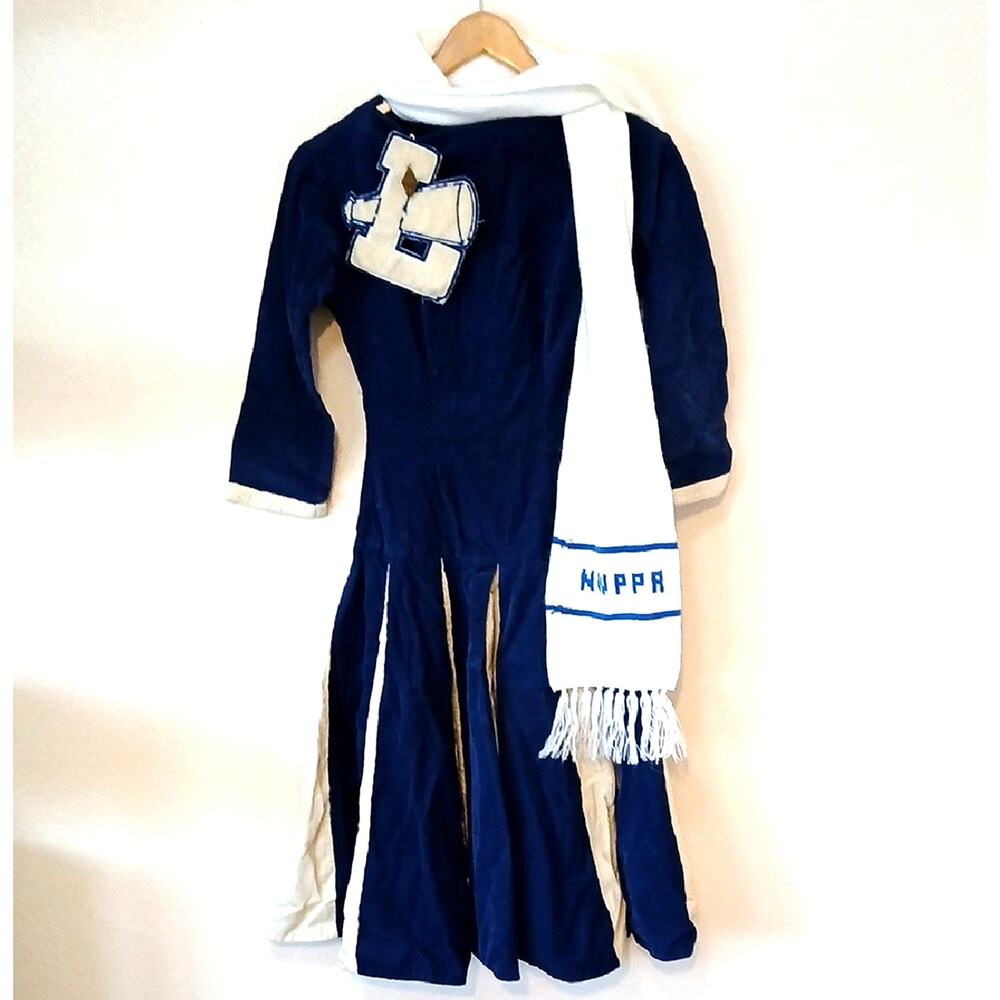 Vintage 50s Corduroy Cheerleader Long Sleeve Dress With Decal And Scarf